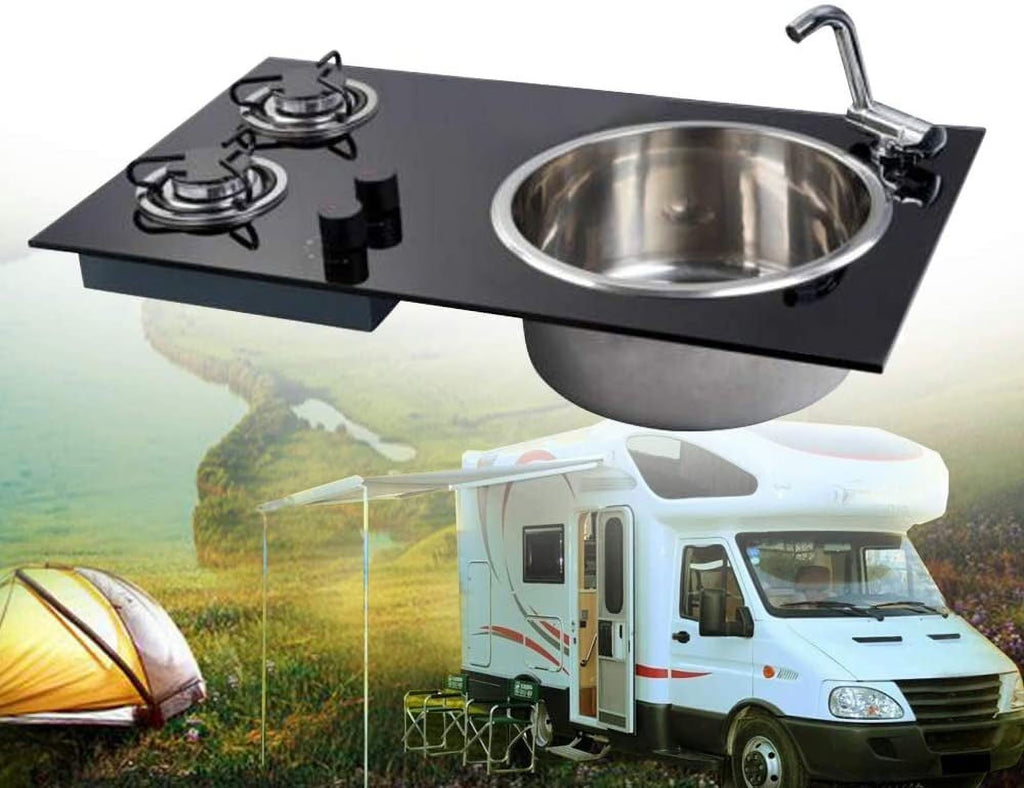 Gas Camping Stove 2 Burners with Tempered Glass Lids and Sink Comb R4523