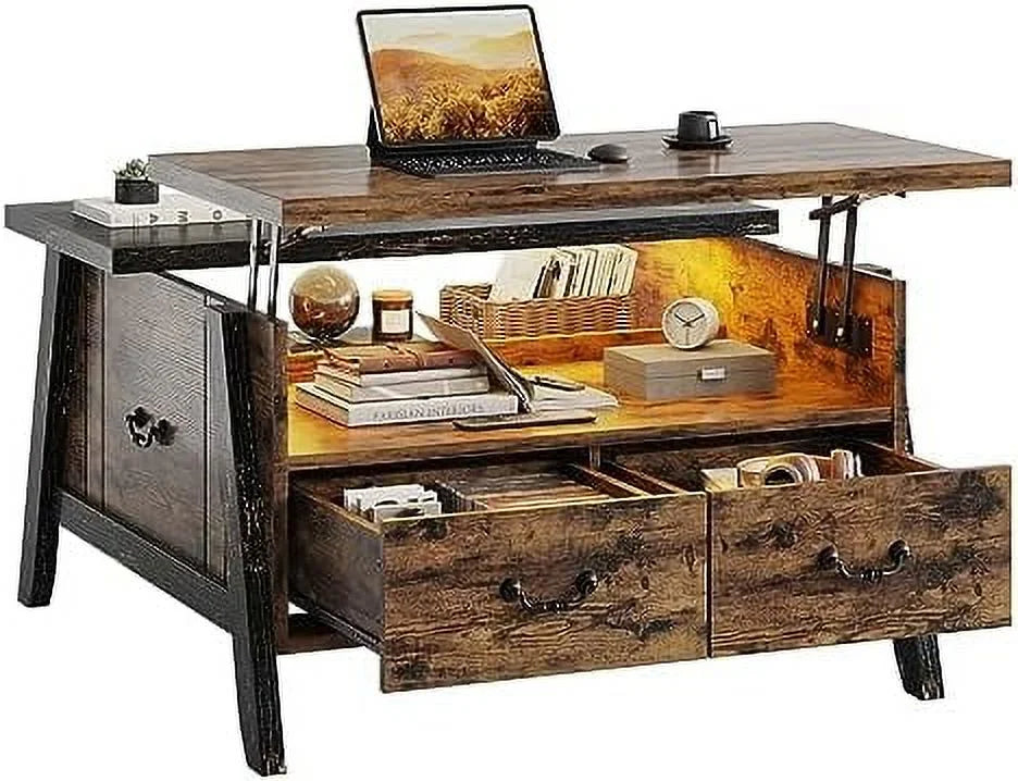 Lift Top Wood Coffee Table with Led Lights & Drawers S577660