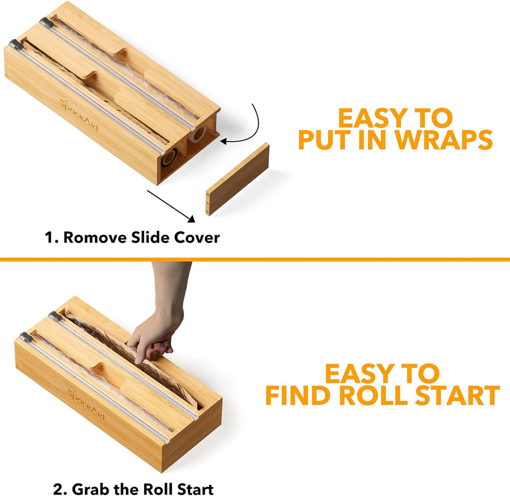 2 in 1 Wrap Dispenser with Cutter and Labels, Bamboo Roll Organizer Holder, Pack of 2 W140