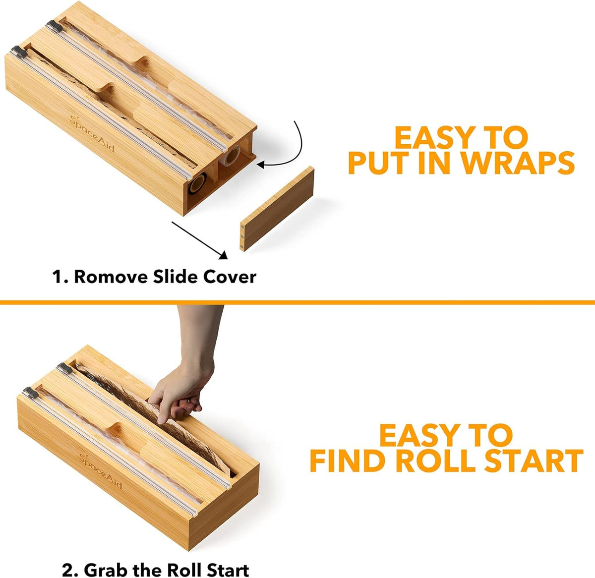 2 in 1 Wrap Dispenser with Cutter and Labels, Bamboo Roll Organizer Holder, Pack of 2 W140