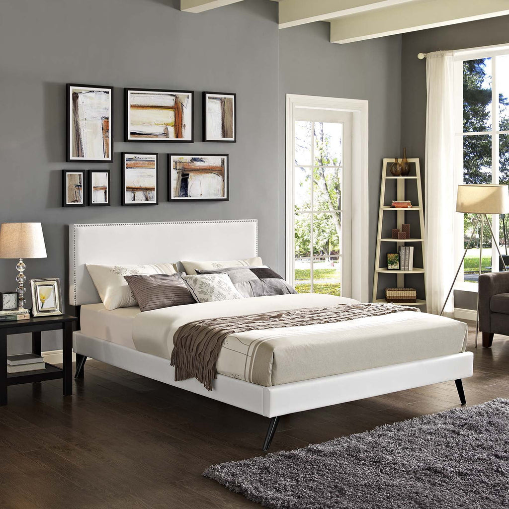 King Vinyl Platform Bed with Round Splayed Legs in White R251496