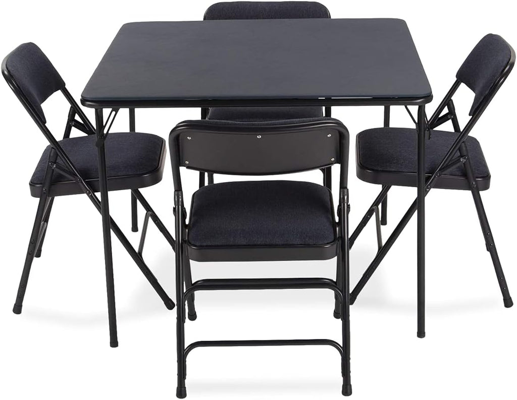 5 Pieces Folding Card Table and Metal Folding Chair Set Navy Blue Fabric Q9033