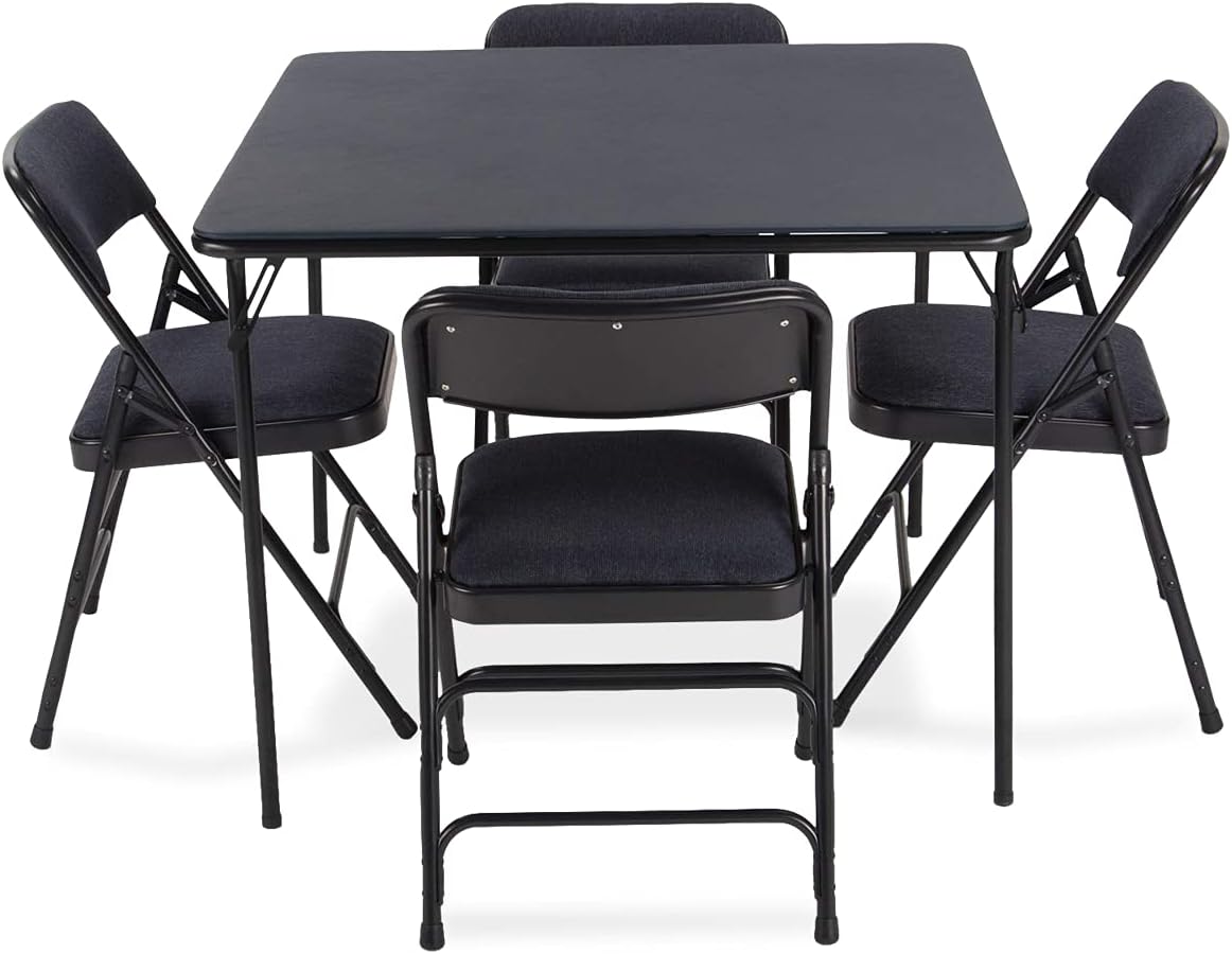5 Pieces Folding Card Table and Metal Folding Chair Set Navy Blue Fabric Q9033