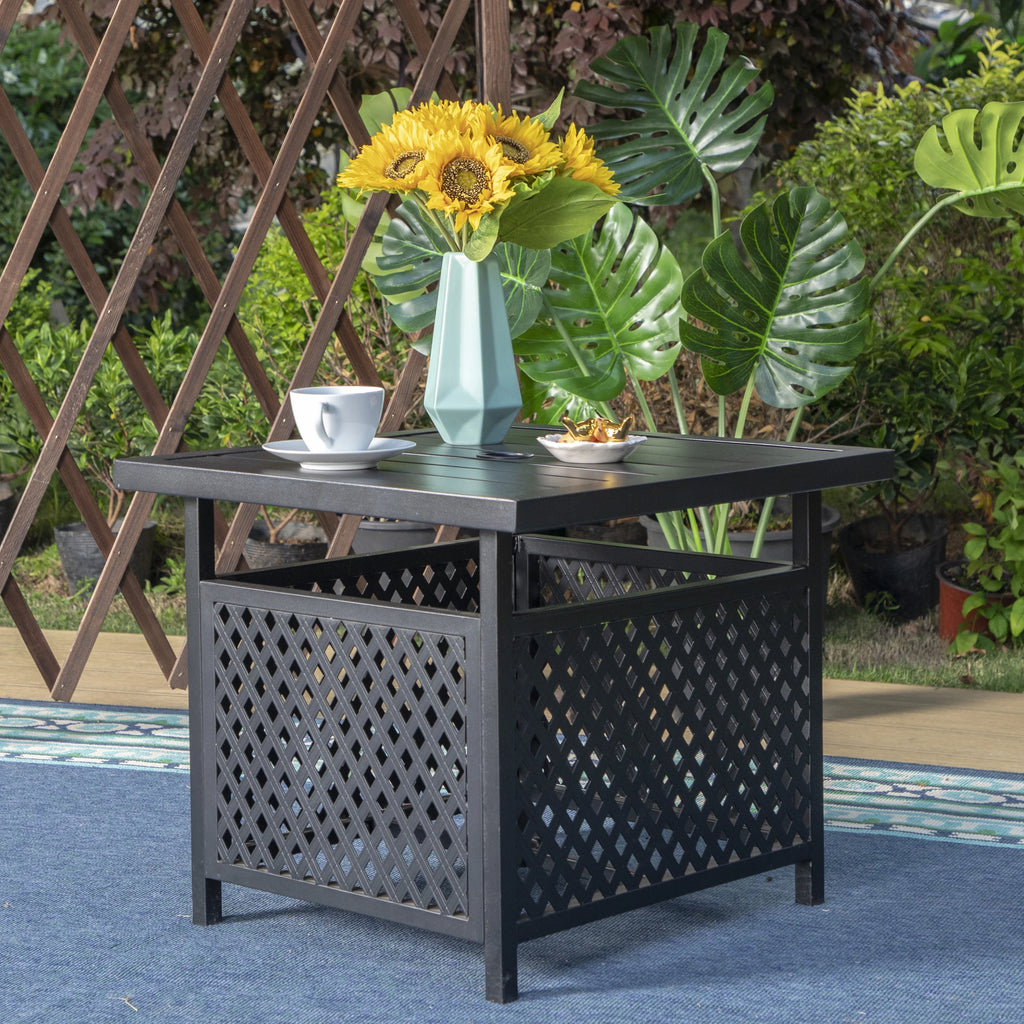 Black Metal Bistro Side Table with Umbrella Hole O6508