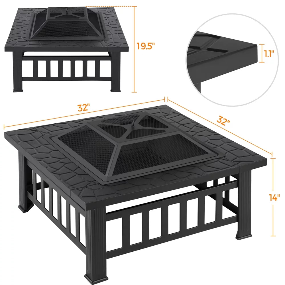 32'' Black Metal Square Fire Pit with Cover B713