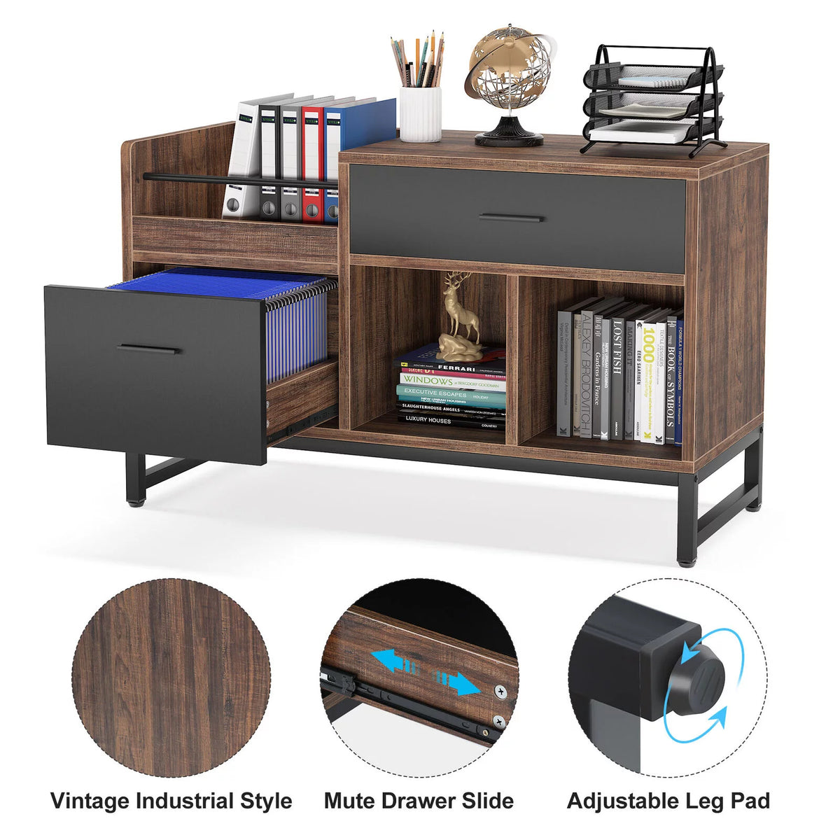 2 Drawer Wood File Cabinet with Storage Shelves I2357