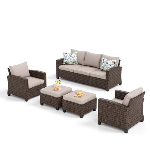 Brown Wicker Rattan 7 Pieces Patio Furniture Set with Cushion and Firepit Table V23945