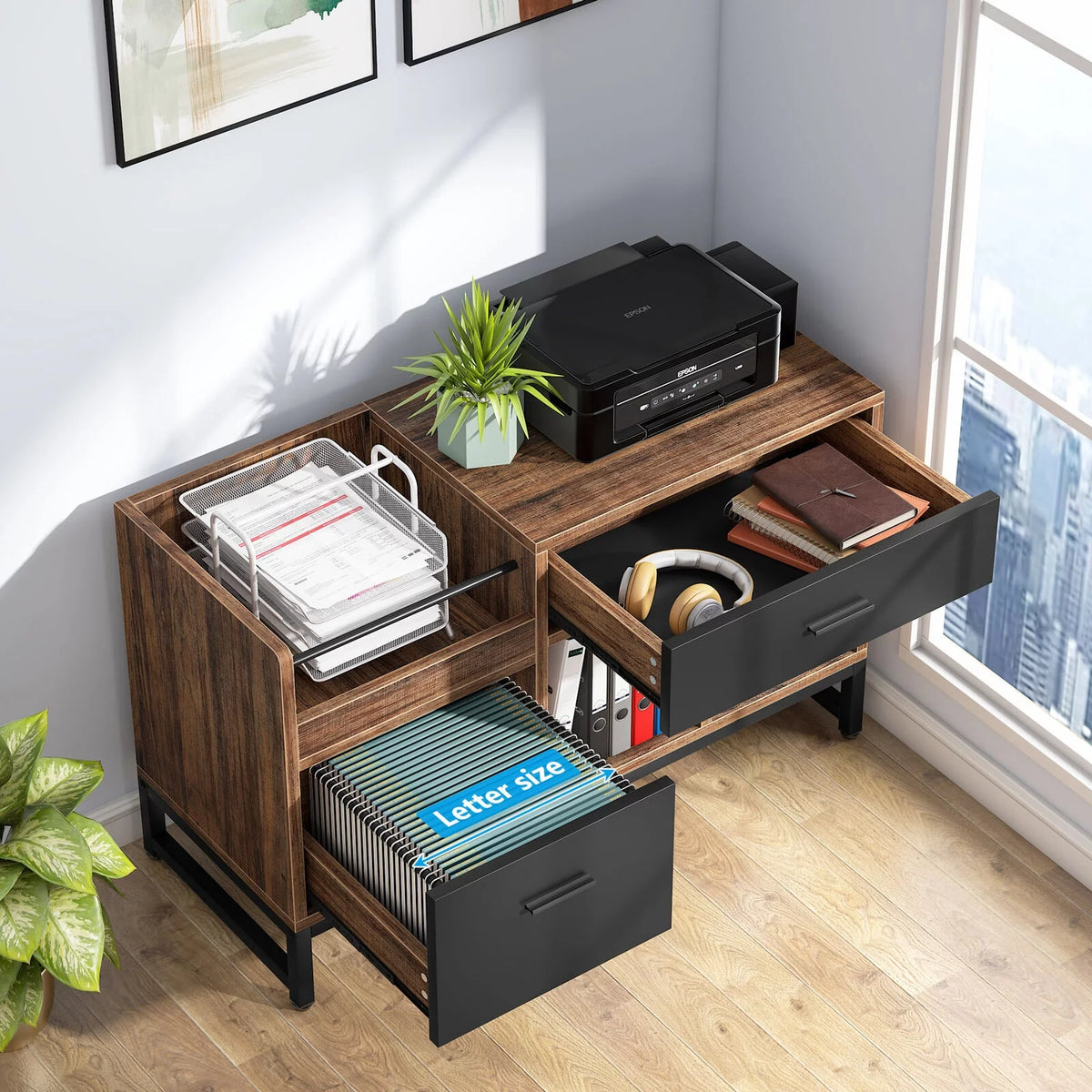 2 Drawer Wood File Cabinet with Storage Shelves I2357