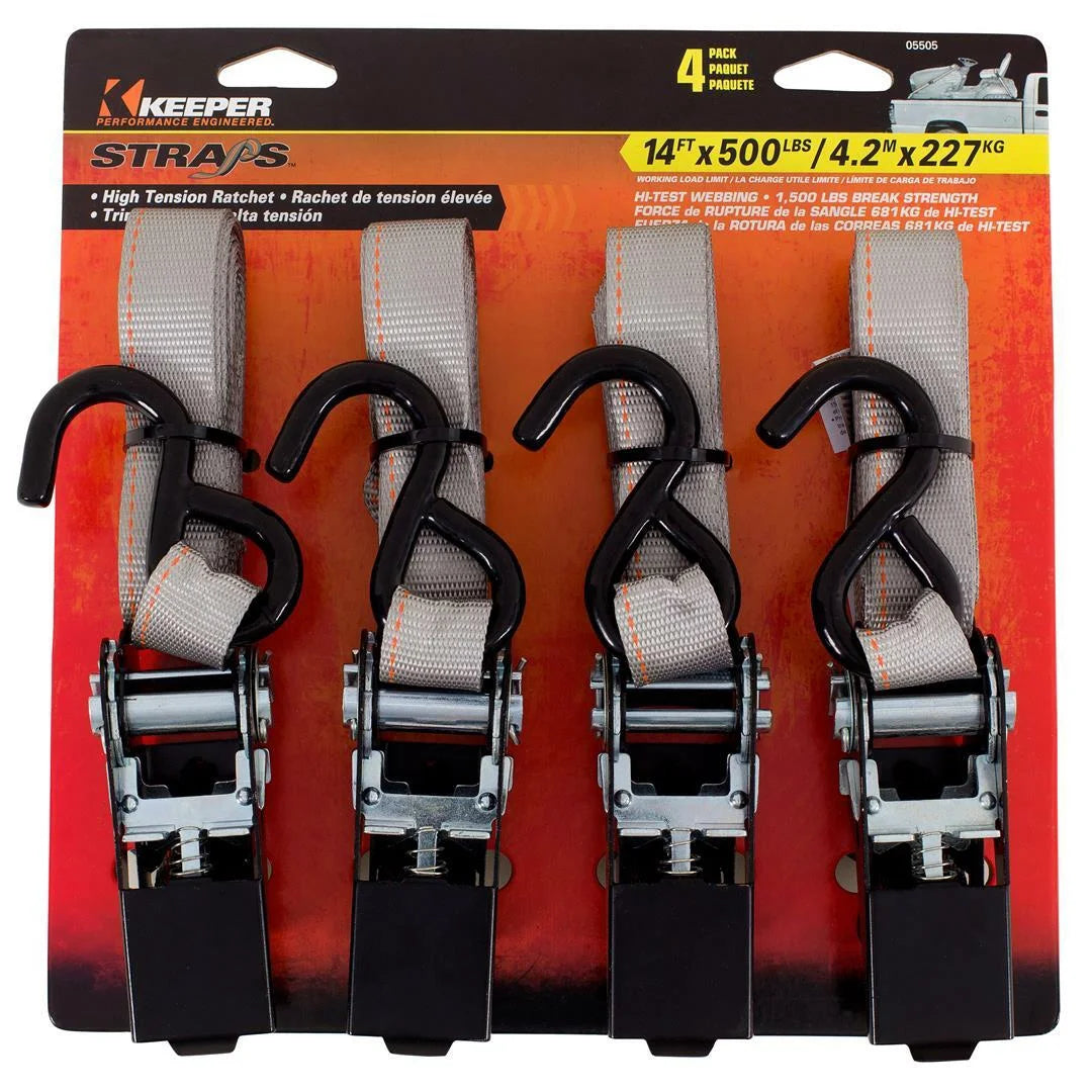 1” x 14' High Tension Ratchet Tie-Down with S Hooks, 4 Pack J697