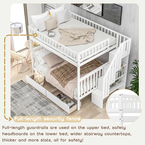 White Full Over Full Wood Bunk Bed with Trundle and Stairs C3519
