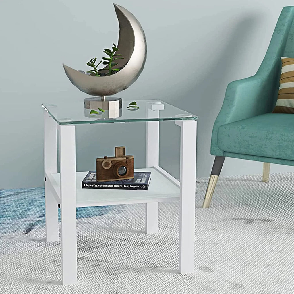 Glass End Table, 2 Layer White Small Corner Table C226649