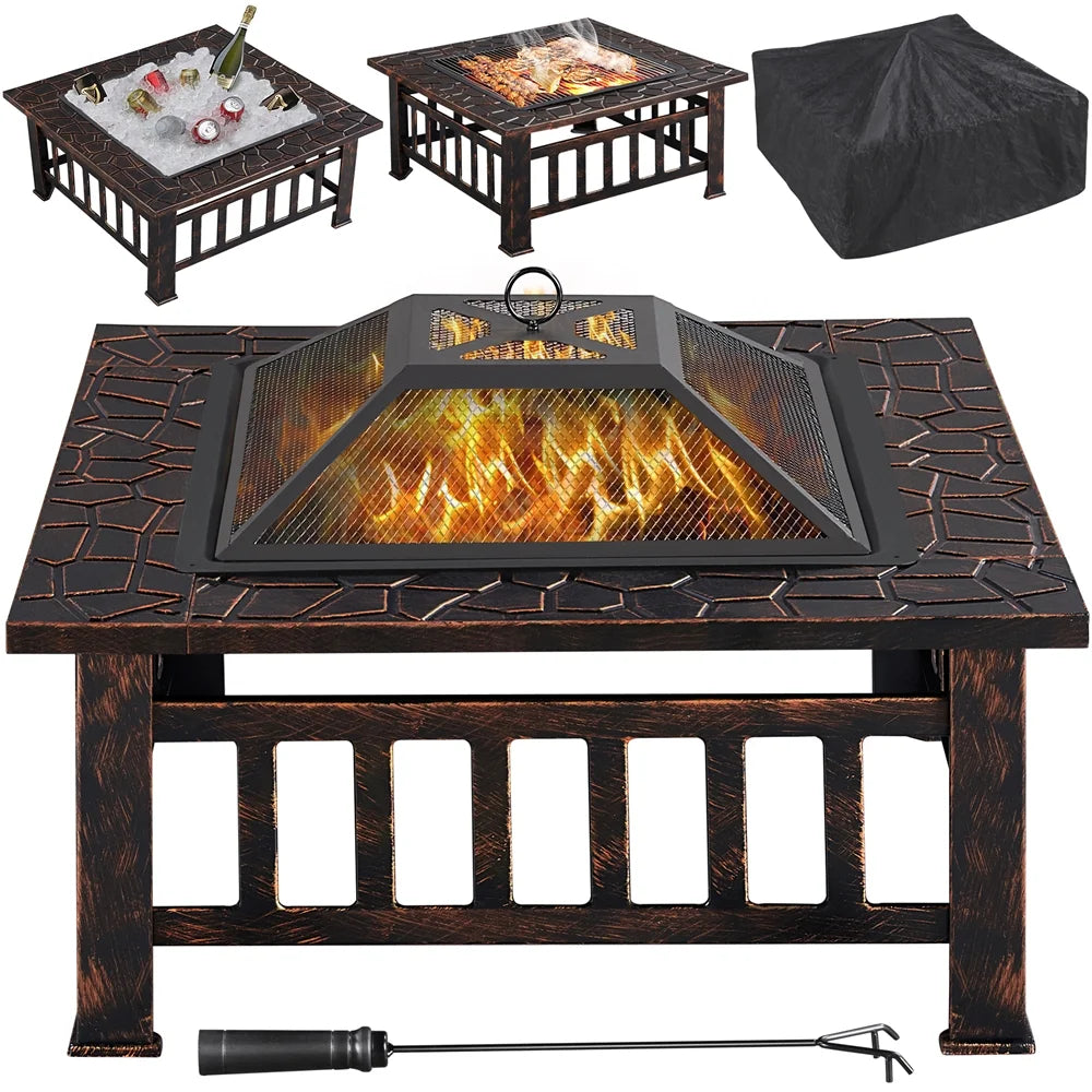 32'' Black Metal Square Fire Pit with Cover B713