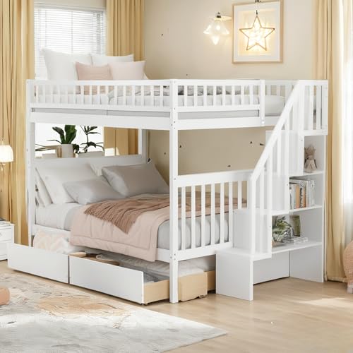 White Full Over Full Wood Bunk Bed with Trundle and Stairs C3519