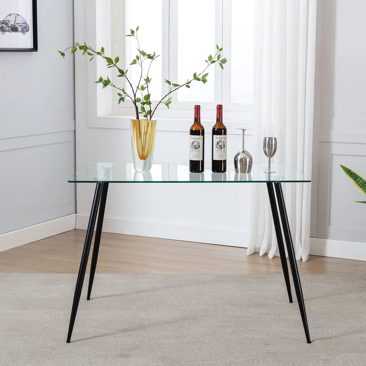 Tempered Glass Dining Table with Black Metal Legs N758