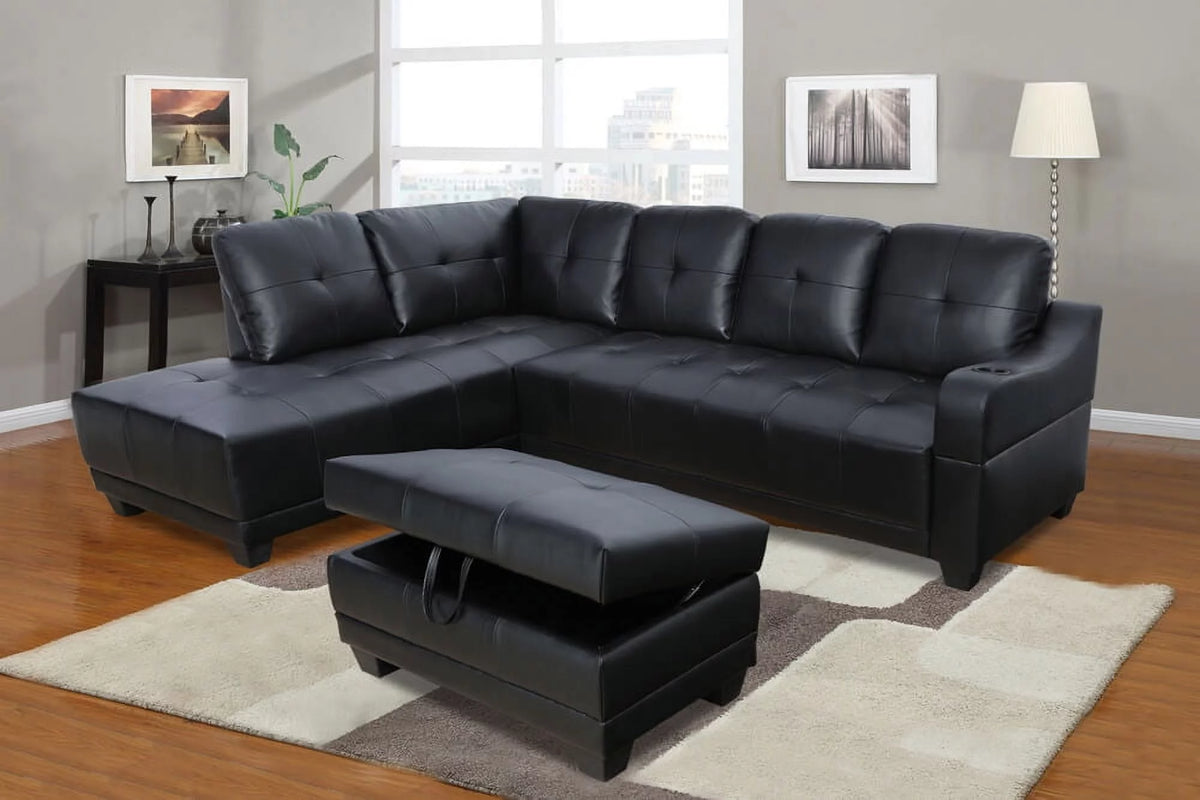 96" Wide Black Leather Left Hand Facing Sectional Sofa & Chaise with Ottoman I46353