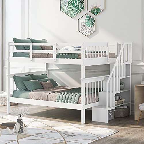 White Full Over Full Wood Bunk Bed with Trundle and Stairs C3519