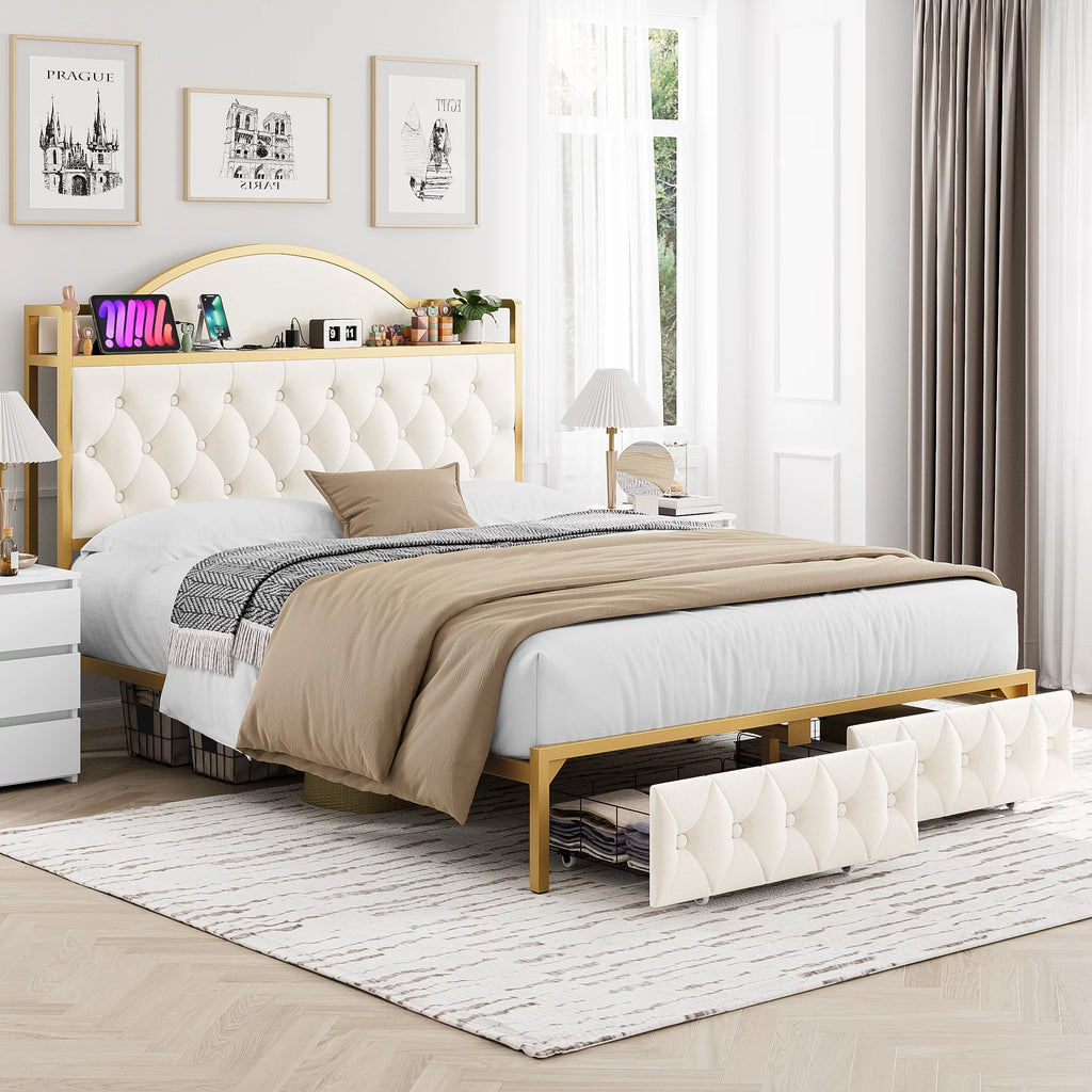 White Queen Size Storage Bed with 2 Drawers H9388