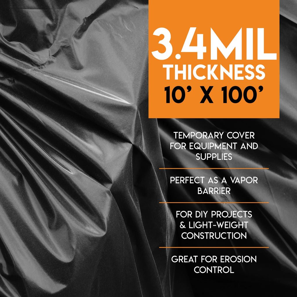 Black Poly Sheeting 10 x 100 Feet Heavy Duty 3.4 Mil Thick Plastic Tarp Waterproof Cover V950