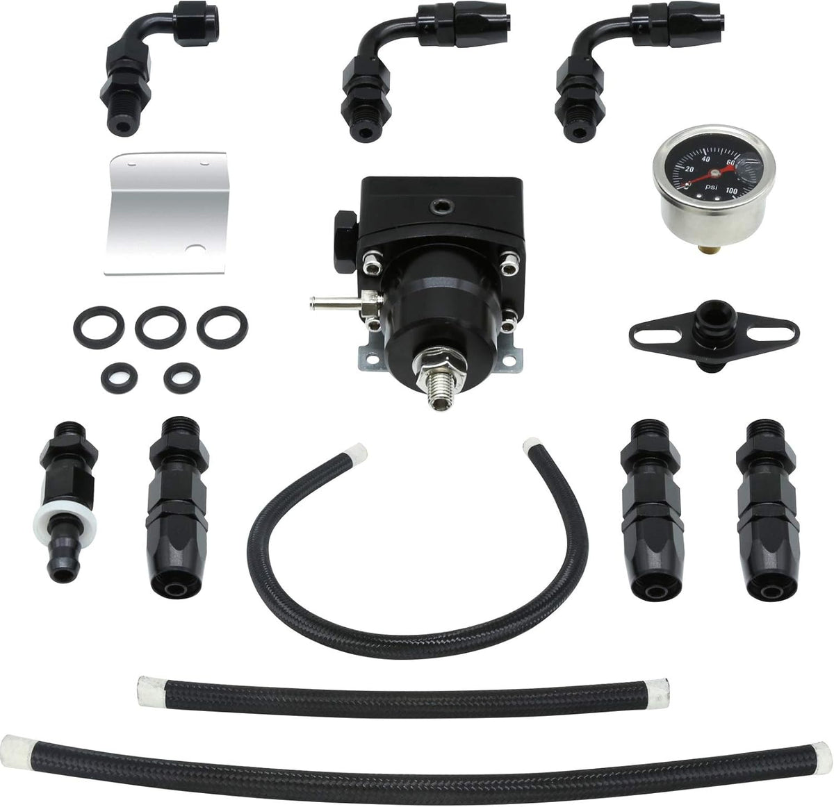 Fuel Pressure Regulator Kit with Pressure Gauge, AN6 Fuel Line, 7Pcs Hose Fitting Connectors, Pack of 2 X59526