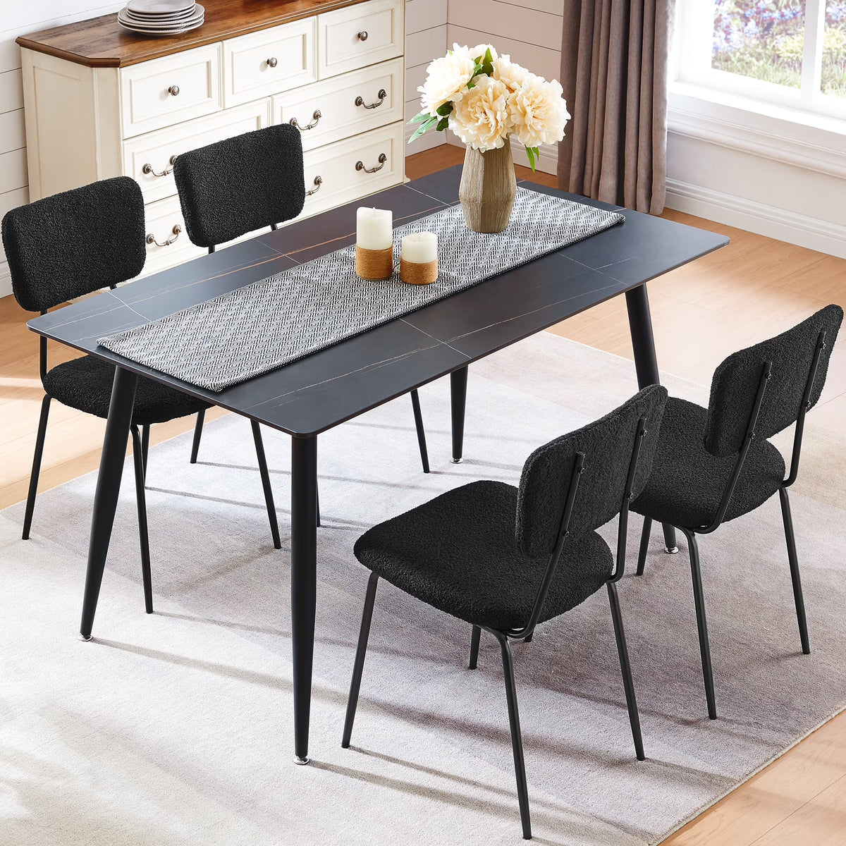 Black Boucle Dining Chairs Set of 4 with Metal Legs H9534