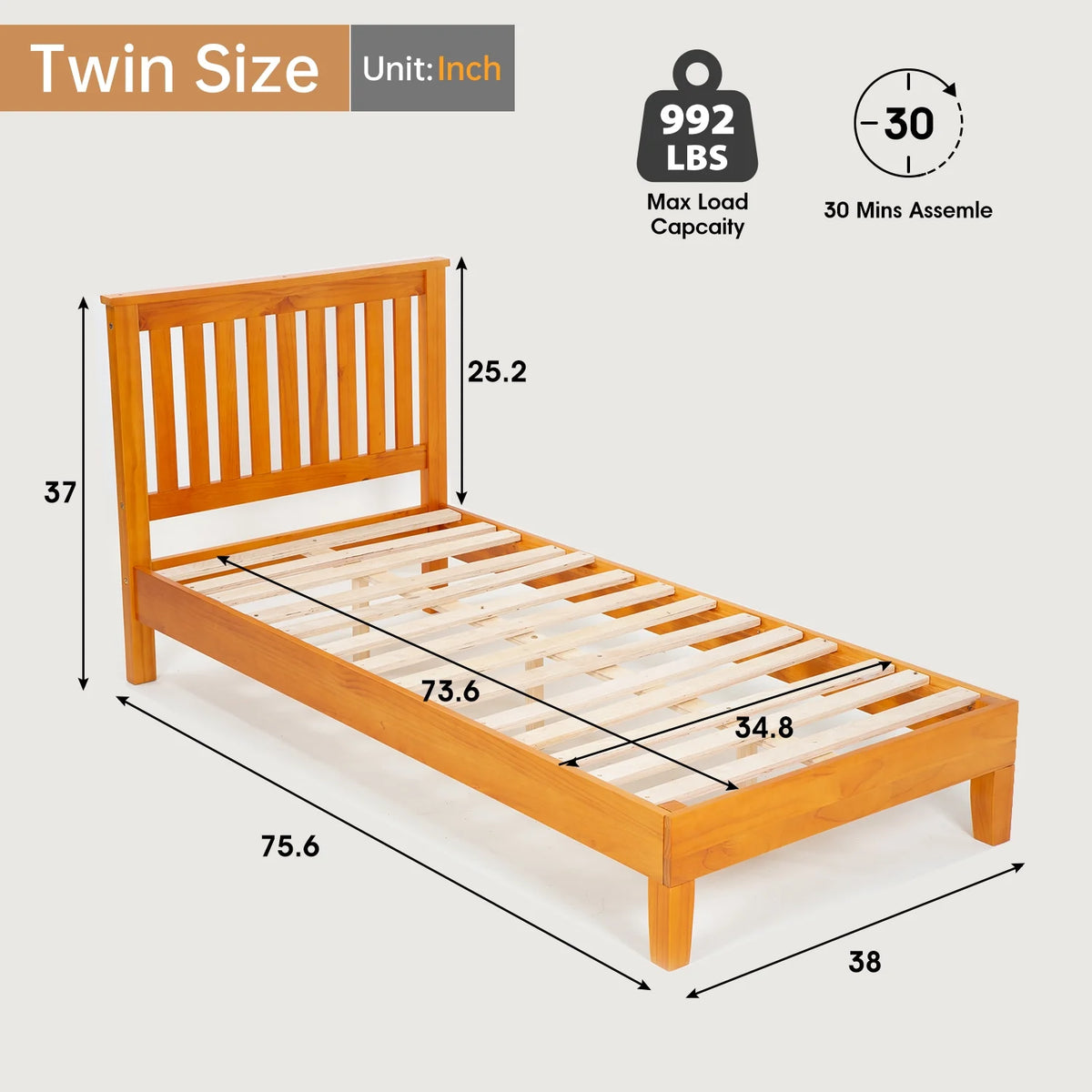 Wood Platform Bed Frame with Headboard Twin B857
