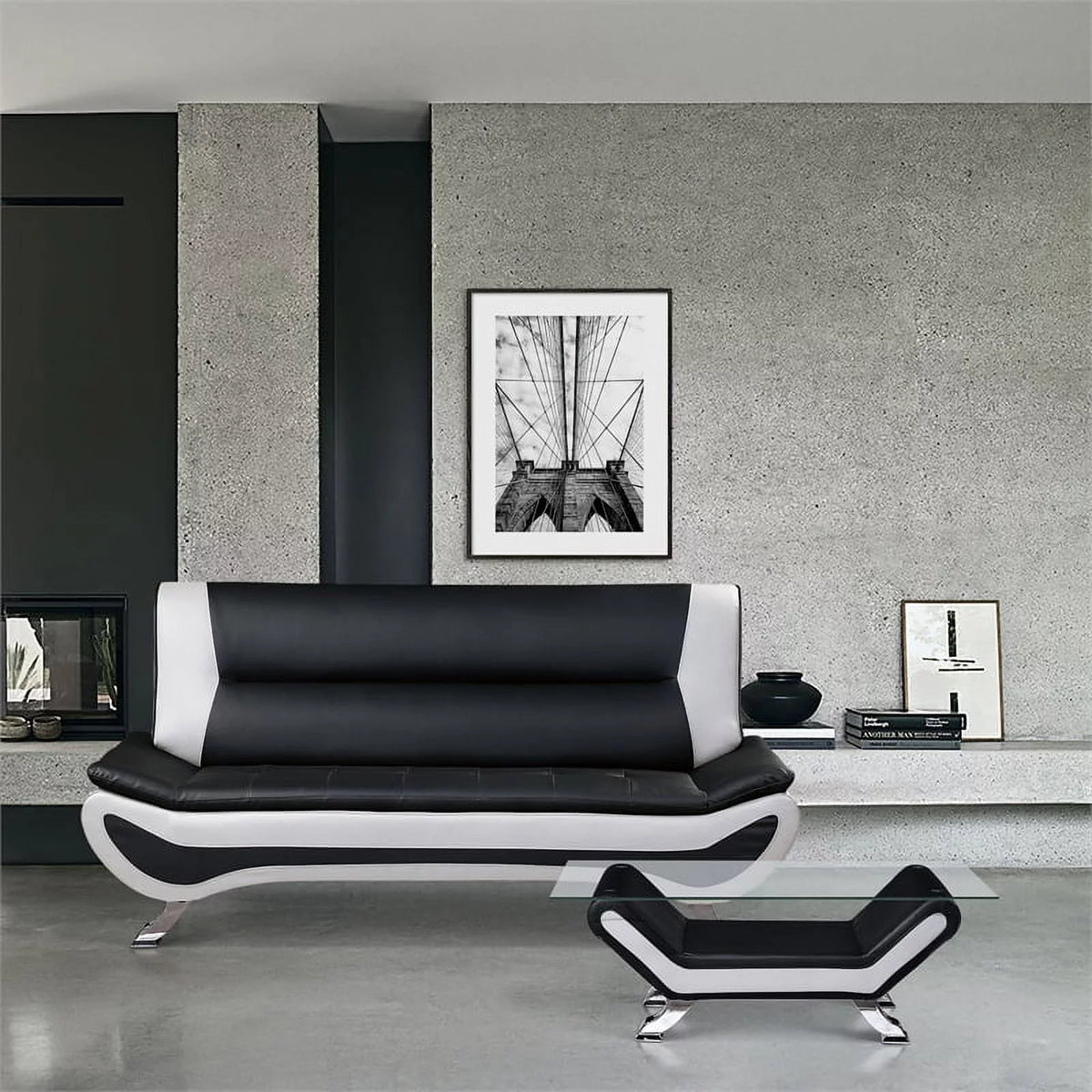 Faux Leather Sofa in Black and White I50899