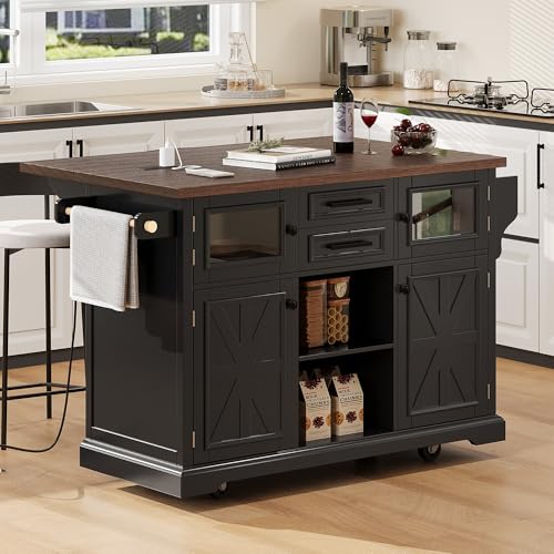 Black Drop Leaf Kitchen Island with Power Outlet Rolling Storage Cart X99813