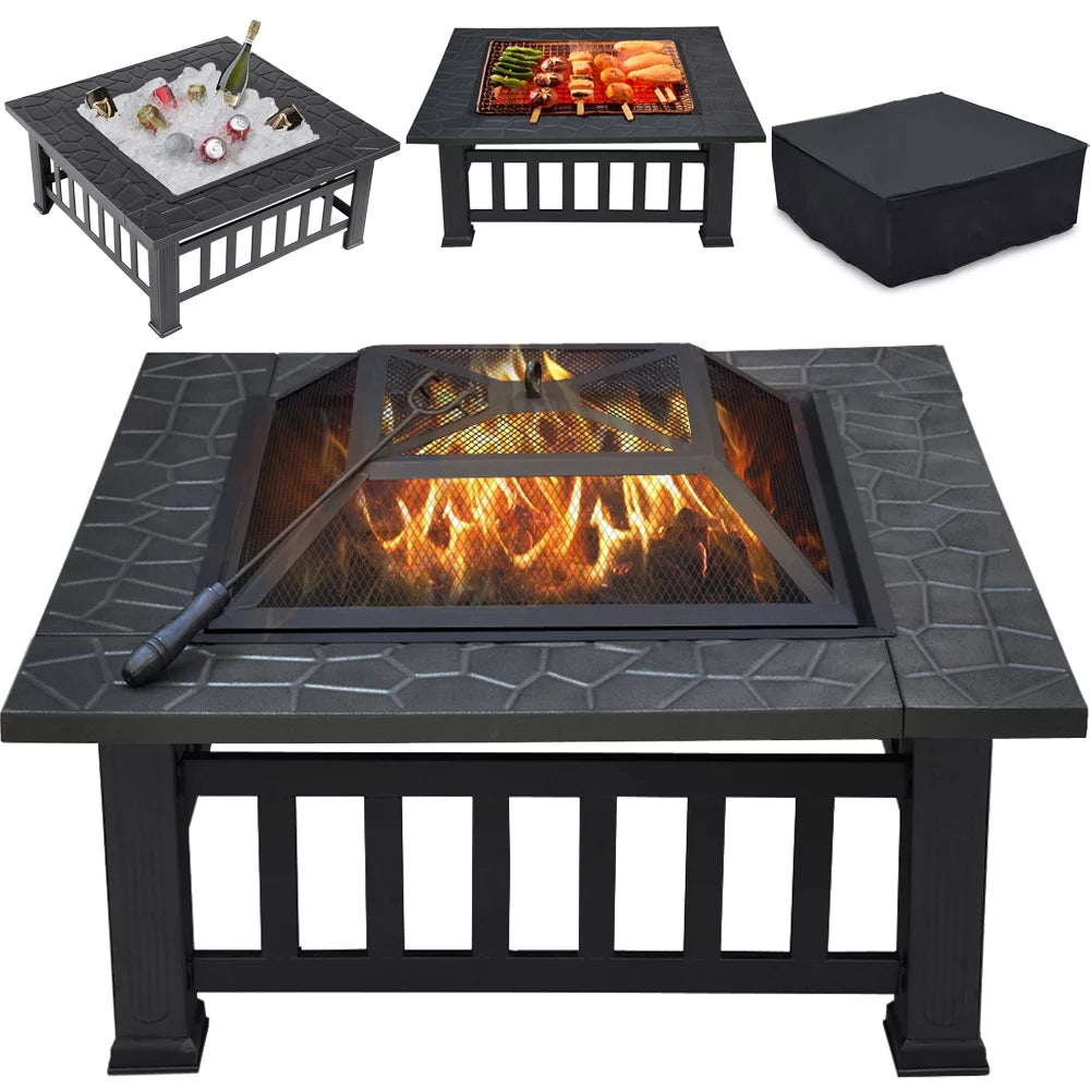 32'' Black Metal Square Fire Pit with Cover B713