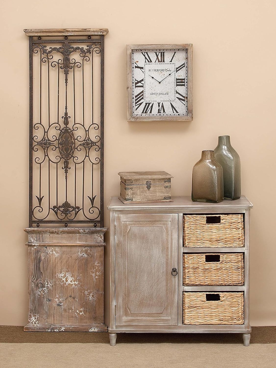 Whitewash Taupe Wood Basket Cabinet S6035
