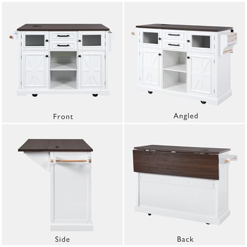 Black Drop Leaf Kitchen Island with Power Outlet Rolling Storage Cart X99813