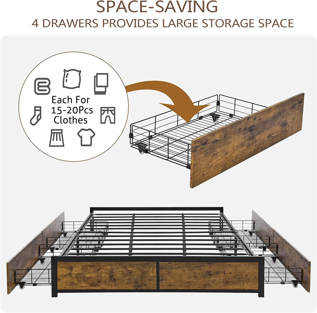 King Metal Platform Bed Frame with 4 Storage Drawers H890046