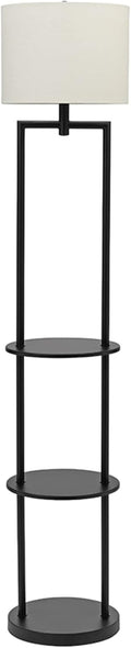 Mid-Century Modern Round Etagere Floor Lamp with Shelves and Linen Shade B46823