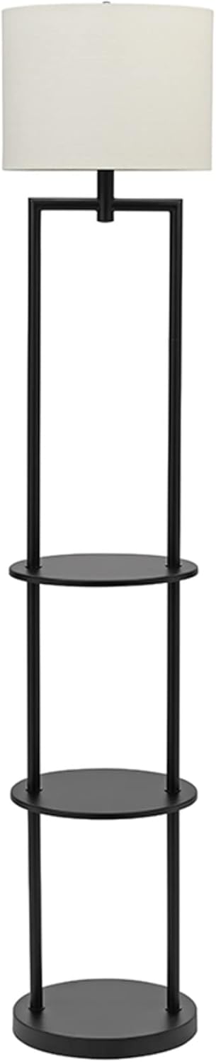 Mid-Century Modern Round Etagere Floor Lamp with Shelves and Linen Shade B46823