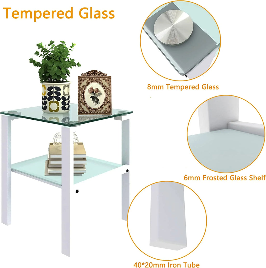 Glass End Table, 2 Layer White Small Corner Table C226649