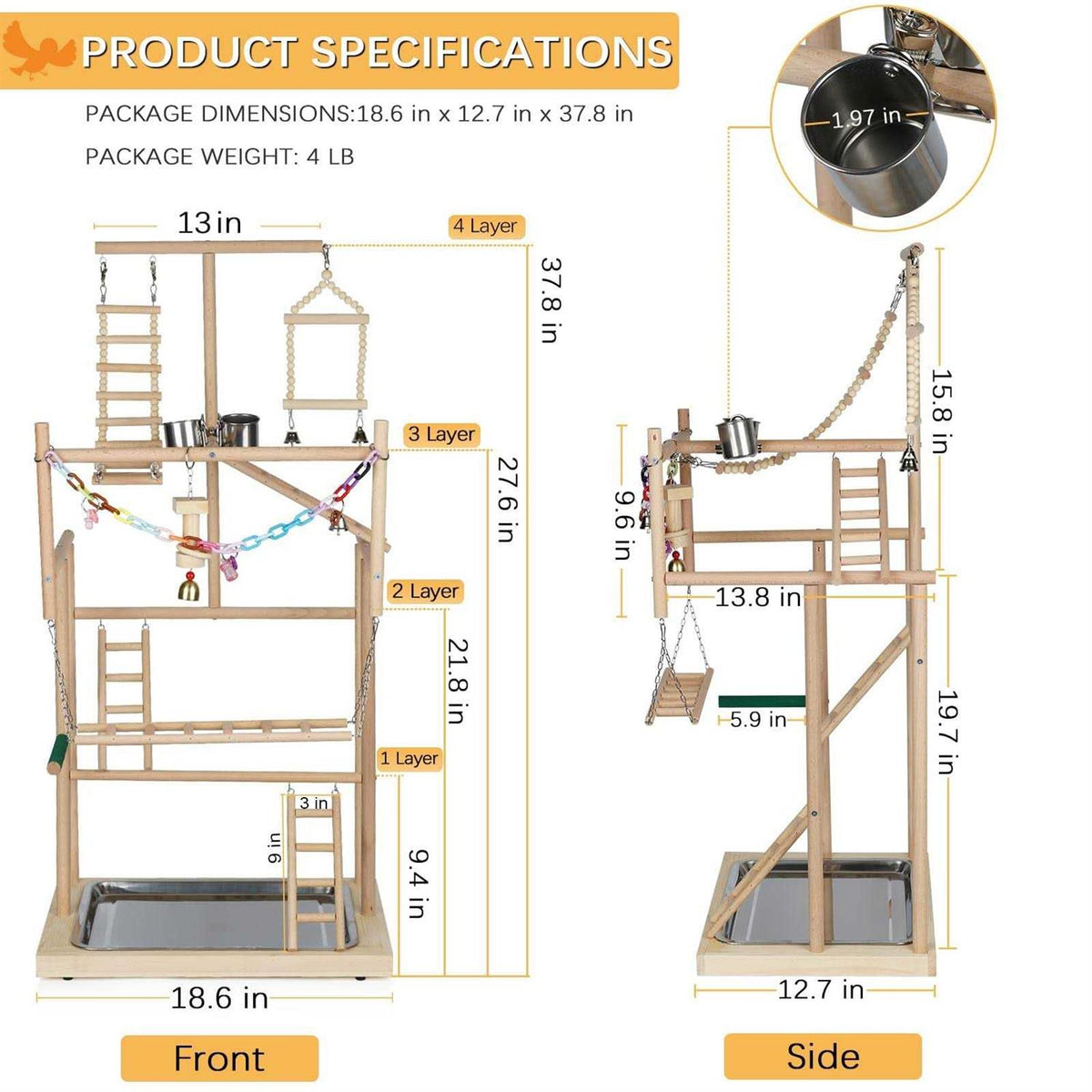 Parrot Bird Play Stand Wood Perch Gym Playpen Ladder with Feeder Cups M699555