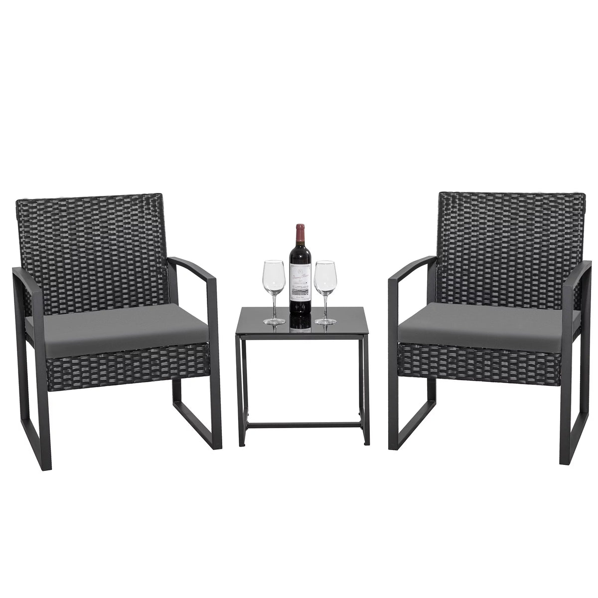 Black 3-Piece Wicker Bistro Chair Set with Coffee Table K806