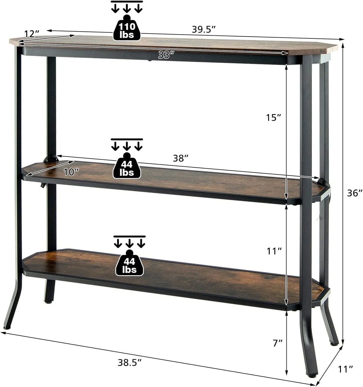 Industrial 3-Tier Narrow Console Table with Open Shelves Y6706