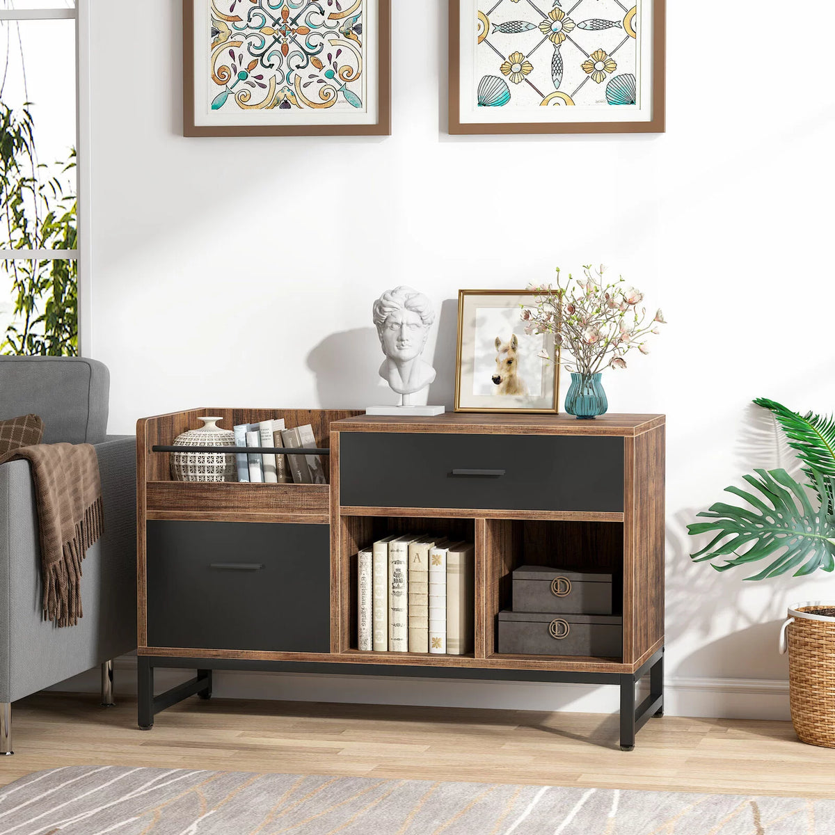 2 Drawer Wood File Cabinet with Storage Shelves I2357