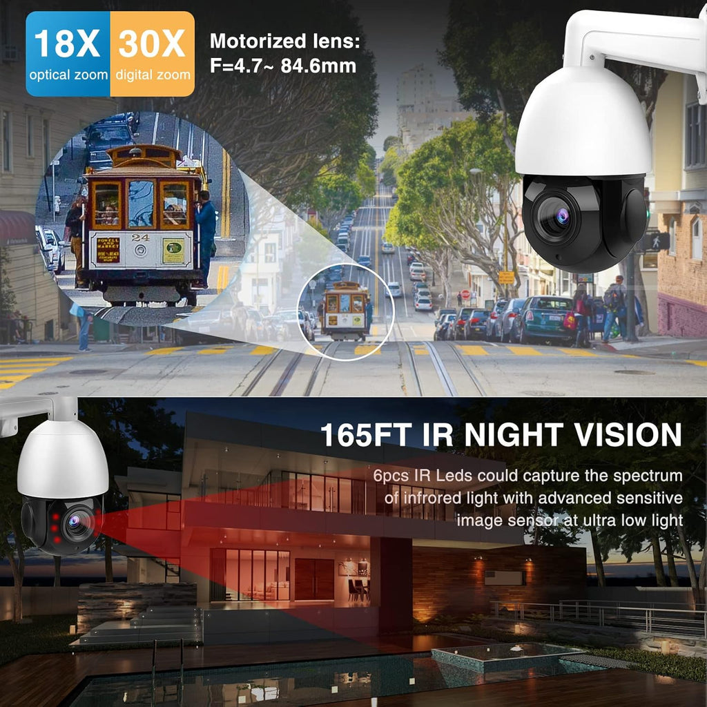 5MP PTZ Camera Outdoor, PoE Speed Dome IP Camera, 18x Optical Zoom, 165ft IR Night Vision, IP66 Security Cameras K179