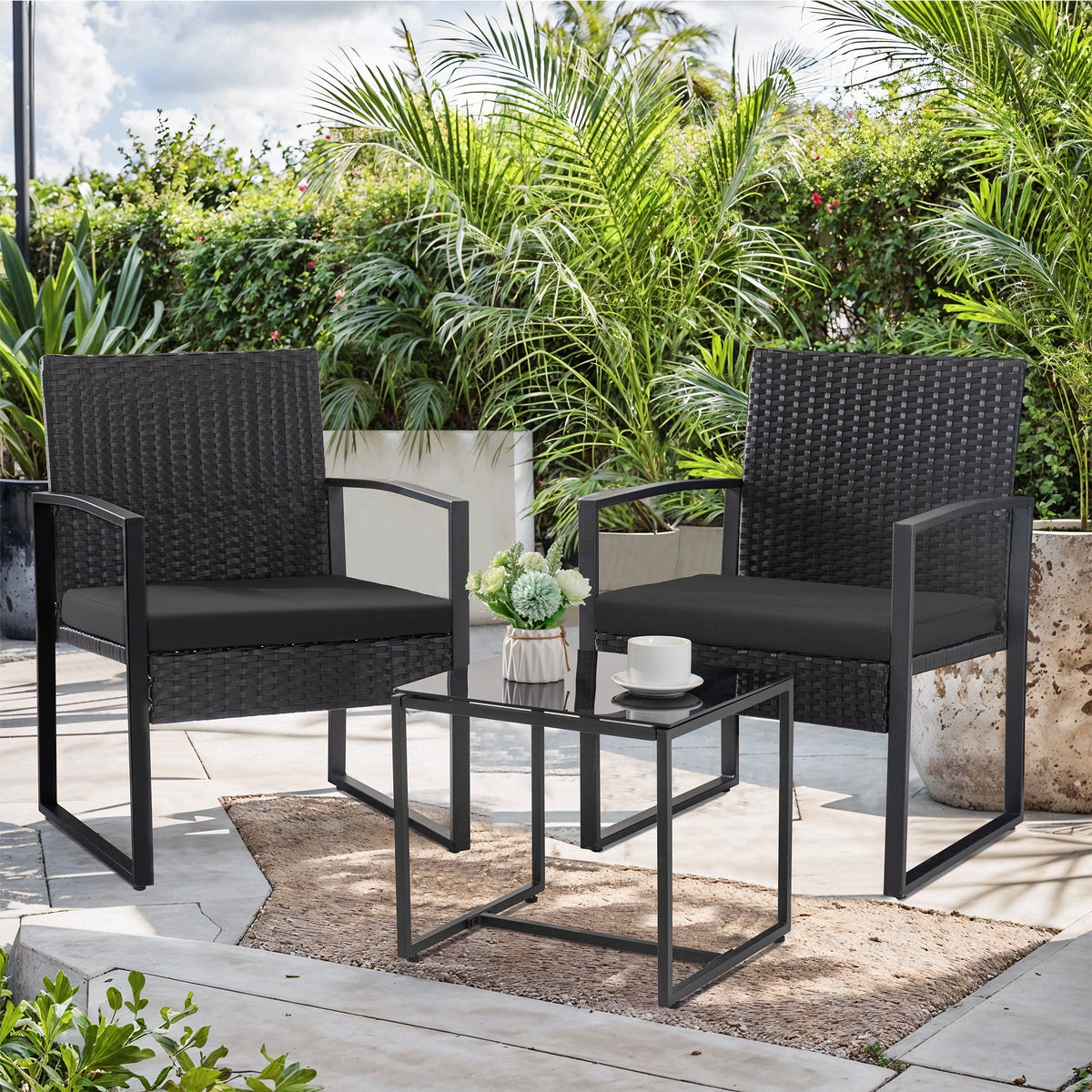 Black 3-Piece Wicker Bistro Chair Set with Coffee Table K806