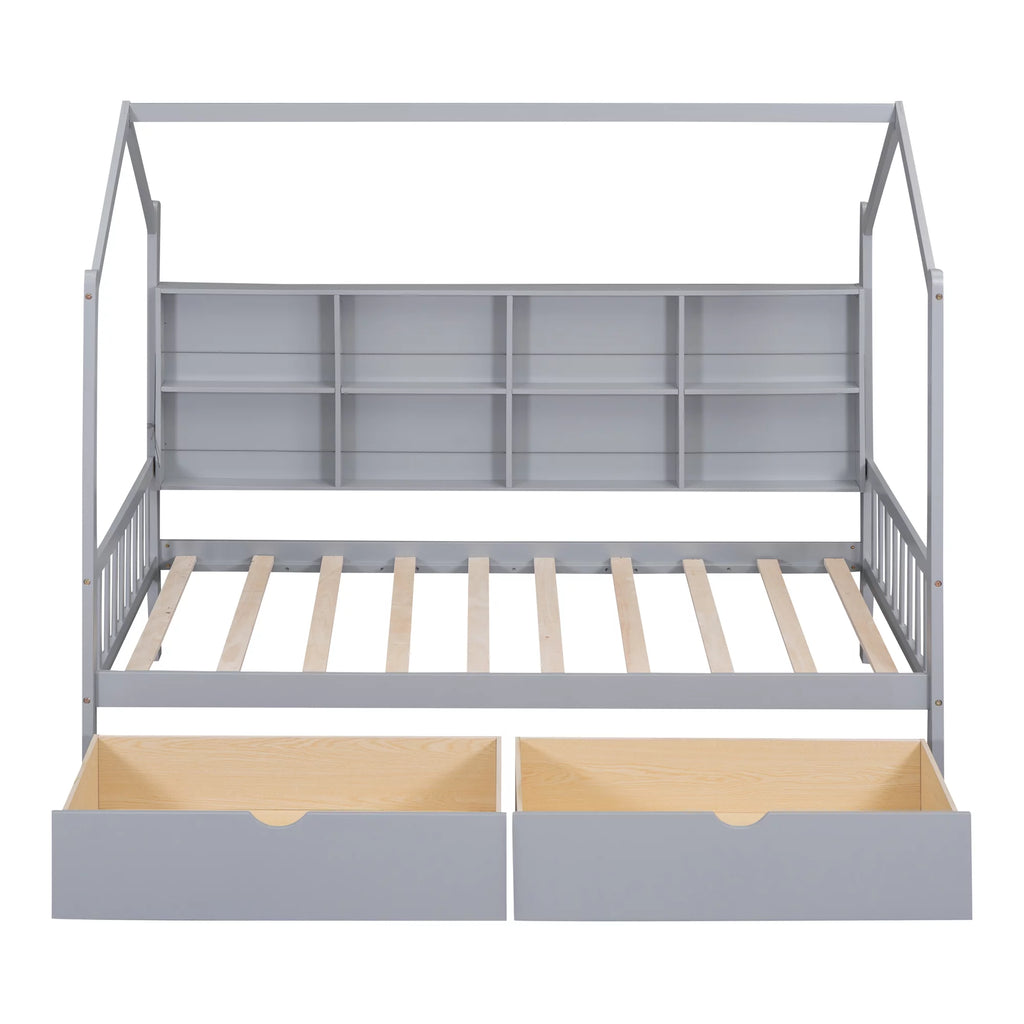 Wooden Twin Size House Bed with 2 Drawers and Storage Shelf O52267