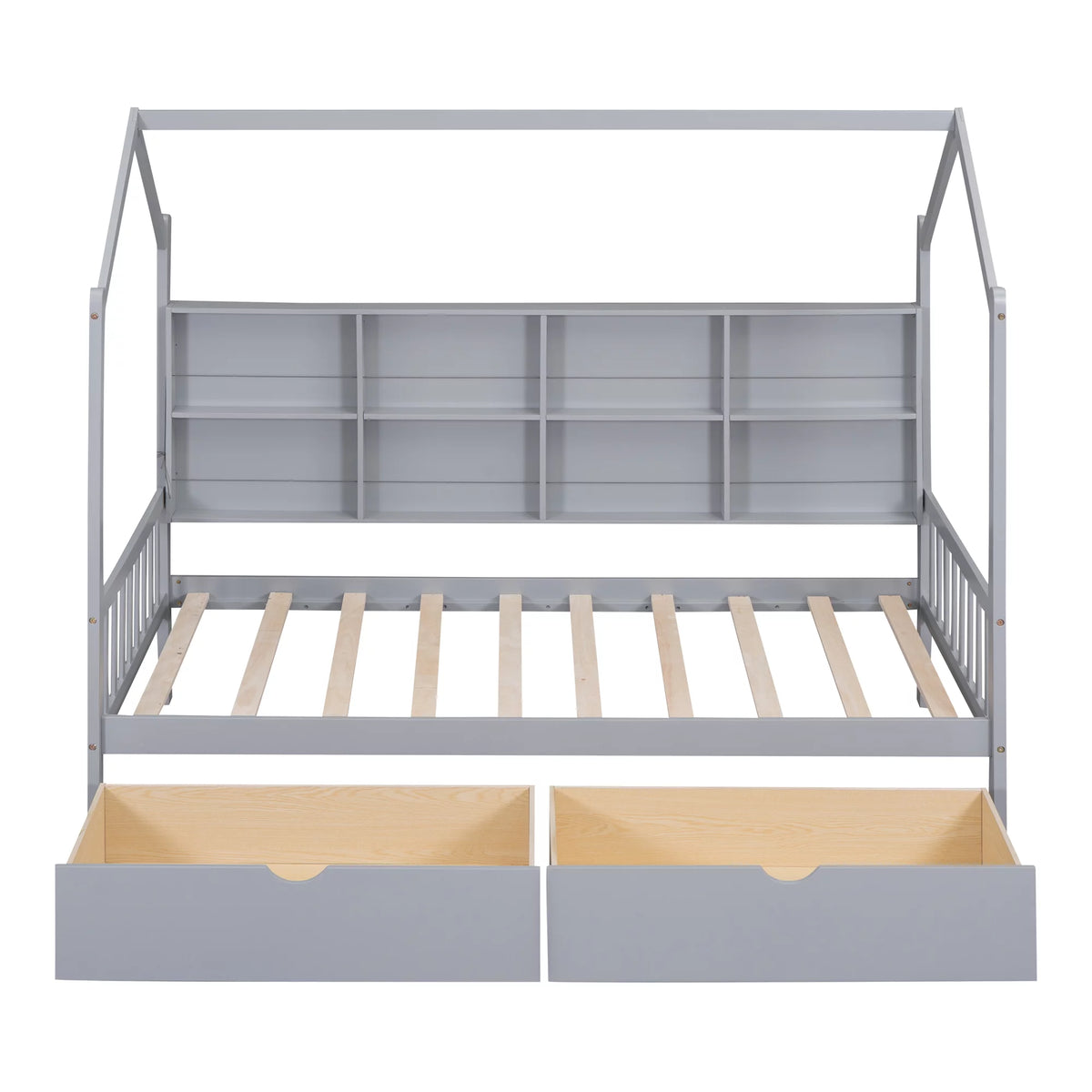Wooden Twin Size House Bed with 2 Drawers and Storage Shelf O52267
