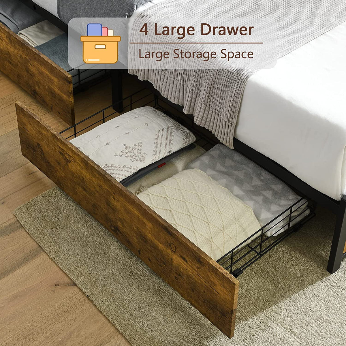 King Metal Platform Bed Frame with 4 Storage Drawers H890046