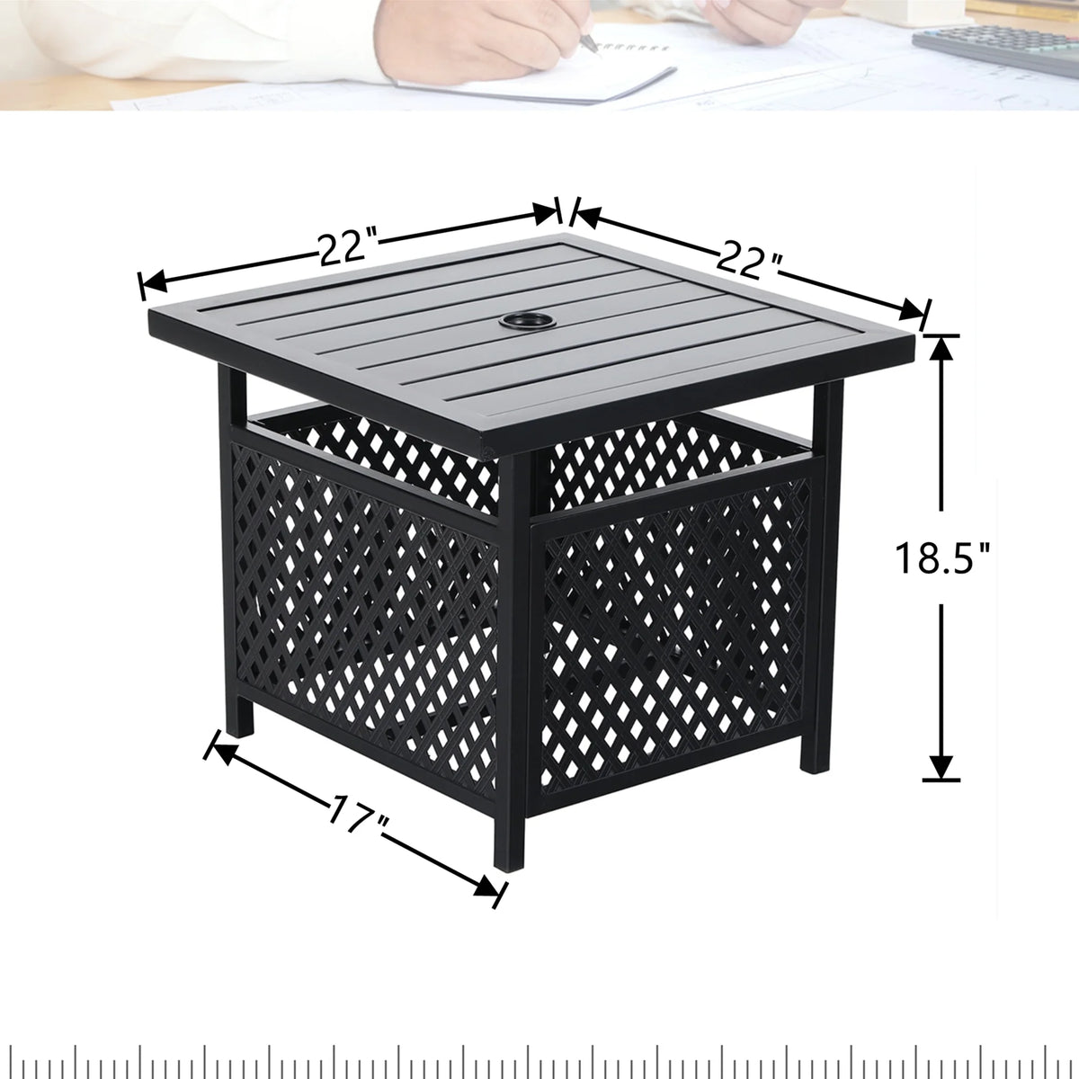 Black Metal Bistro Side Table with Umbrella Hole O6508