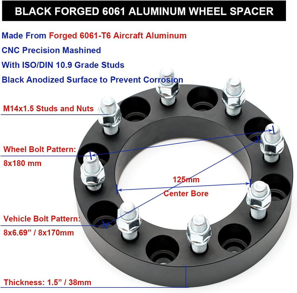 Black Forged 8x170 to 8x180 Wheel Adapters 1.5 Inch with 14x1.5 Studs Pack of 4 E362972