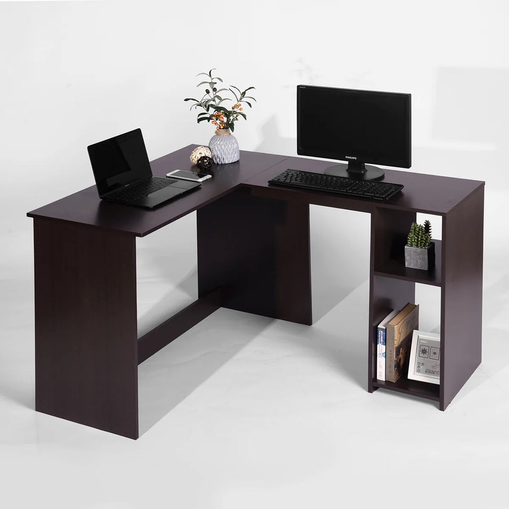 Brown L-Shaped Corner Desk with 2 Shelves C1292