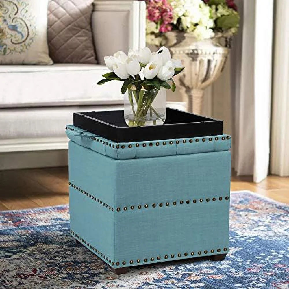 Sky Blue Ottoman Cube Foot Stool with Tray Lid N91813
