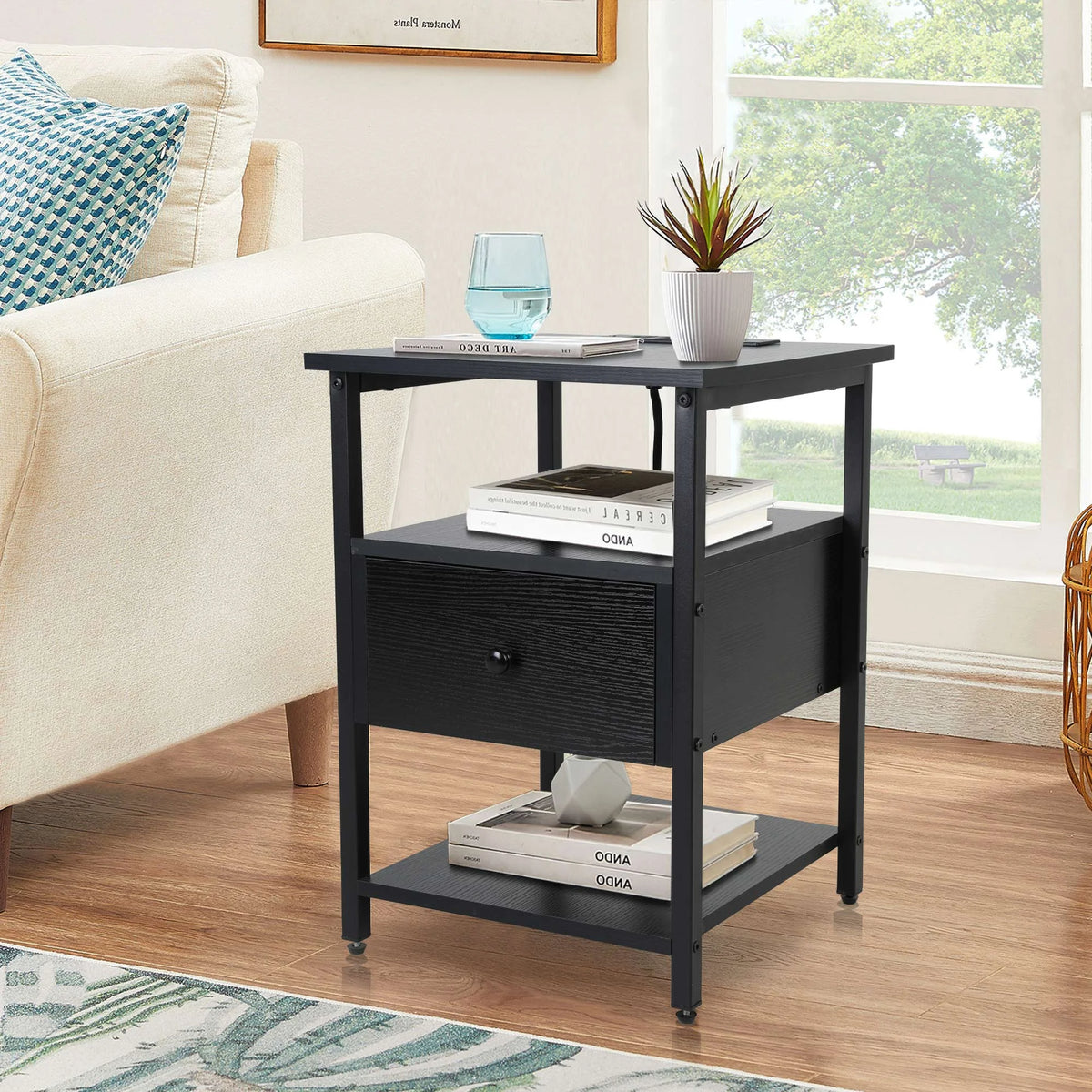 Night Stand Set of 2 with Storage Drawer and Charging Station O16717