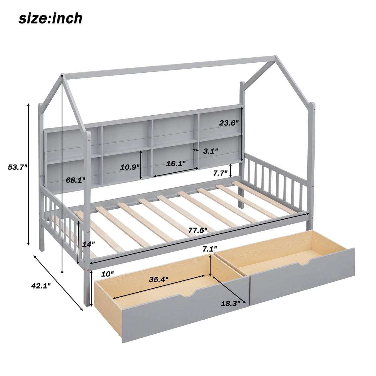 Wooden Twin Size House Bed with 2 Drawers and Storage Shelf O52267