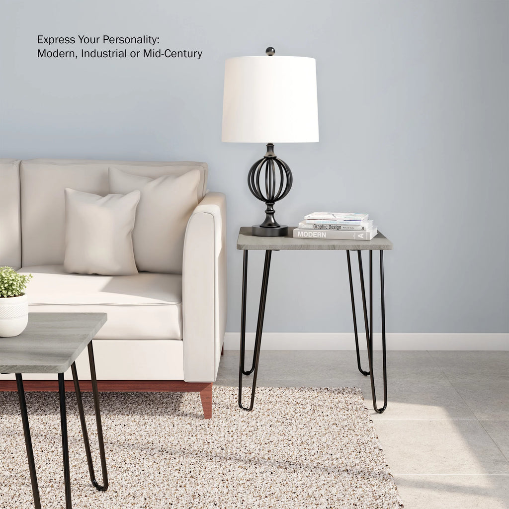 Modern End Table with Hairpin Legs and Woodgrain Finish Gray K392